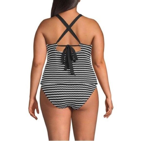 Land's End plus standard crochet high neck tankini black white stripes tie Var - Picture 3 of 7
